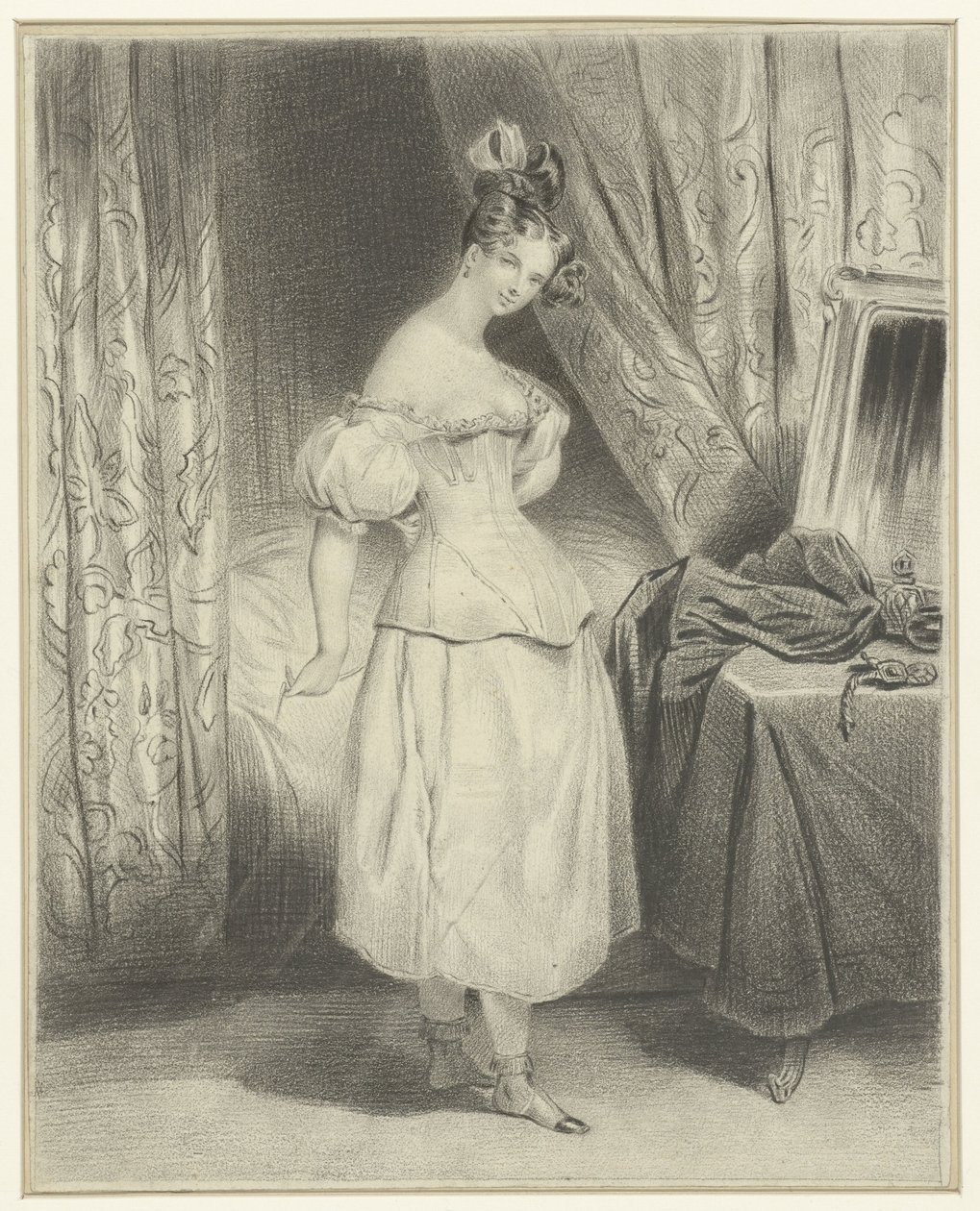 Genç kadın yatak odasında, korse korsesinin bağcıklarını çözüyor. by Frederic Bouchot