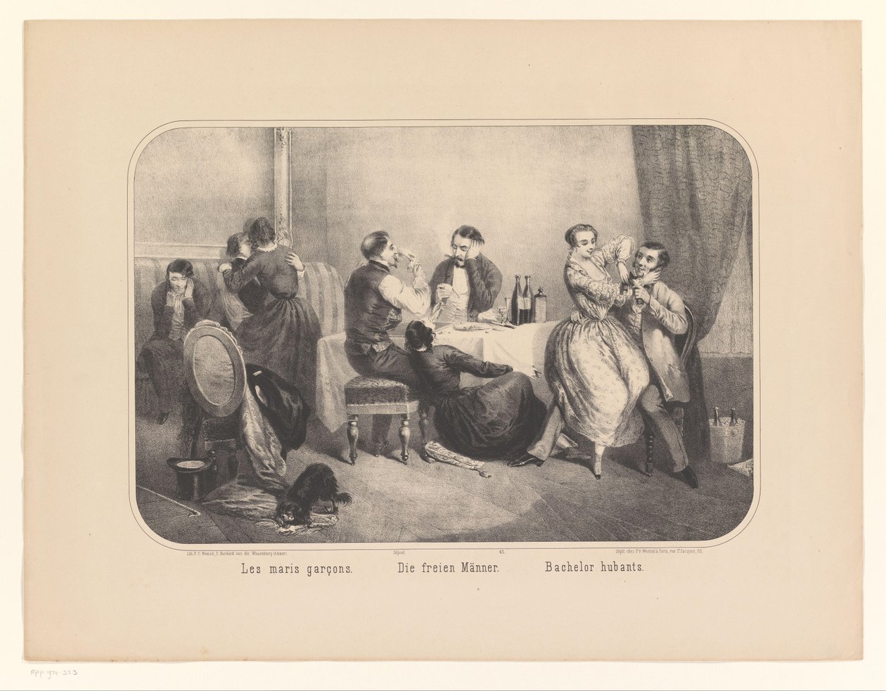 Bir iç mekanda kadın ve erkek grubu Les maris garçons / Die freien Männer / Bachelor hubants (nesne üzerindeki başlık) by Frederic Charles Wentzel (possibly)