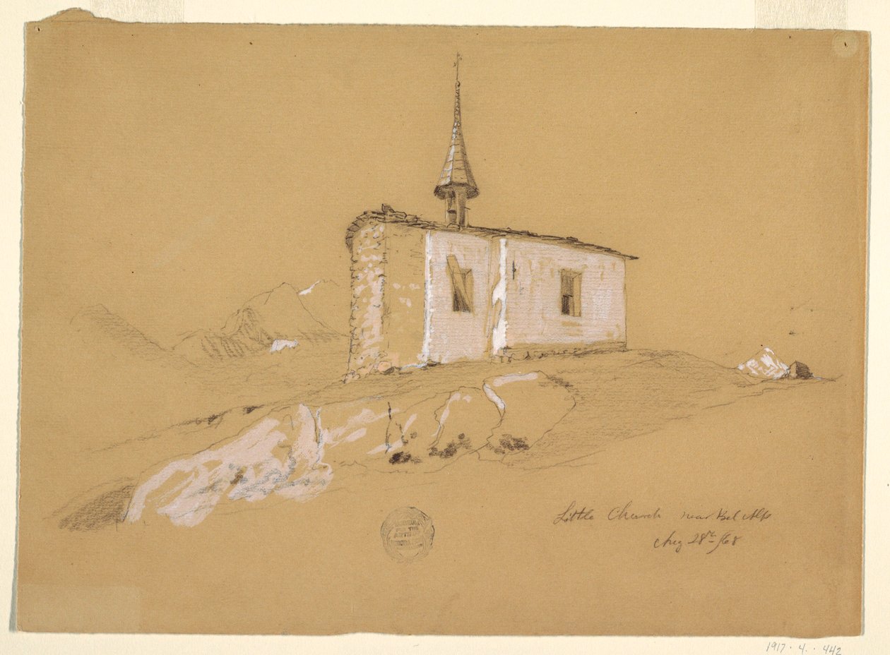 Çizim, "Bel Arp Yakınlarındaki Küçük Kilise", Bern Alpleri, İsviçre, 28 Ağustos 1868 by Frederic Edwin Church