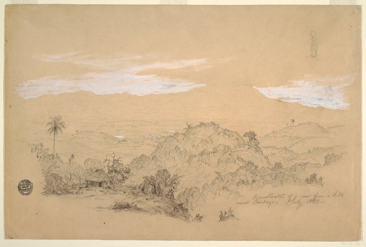 Çizim, Kolombiya, Cartago Yakınlarındaki Bir Tepeden Manzaranın Hatıraları, Başında Su Kavanozu Taşıyan Bir Kadın, Temmuz 1853 by Frederic Edwin Church