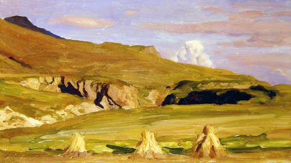 Mısır tarlaları (panelde yağ) by Frederic Leighton