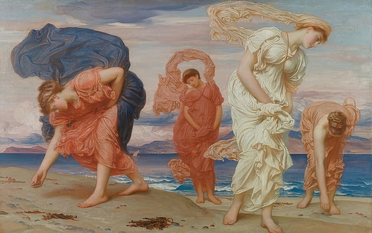 Yunan kızları kumsalda çakıl taşları topluyor. 1871 civarında by Frederic Leighton