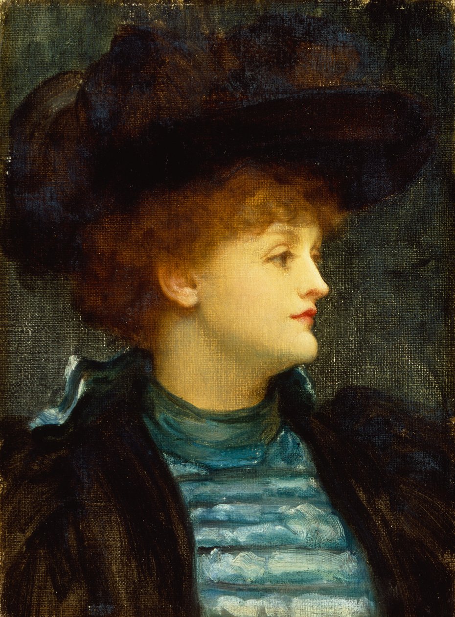 Turkuaz Elbiseli, Siyah Önlüklü, Şapkalı Kadın Portresi (tuval üzerine yağlı boya) by Frederic Leighton