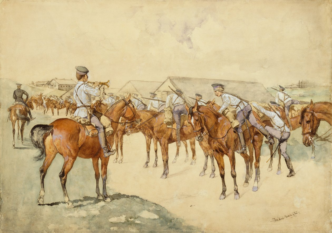 Silahlara Çağrı (Dragoons, Mount!) 1892-93 (kağıt üzerinde wc, guaj, kalem ve mürekkep, kurşun kalem ve gövde rengi) by Frederic Remington