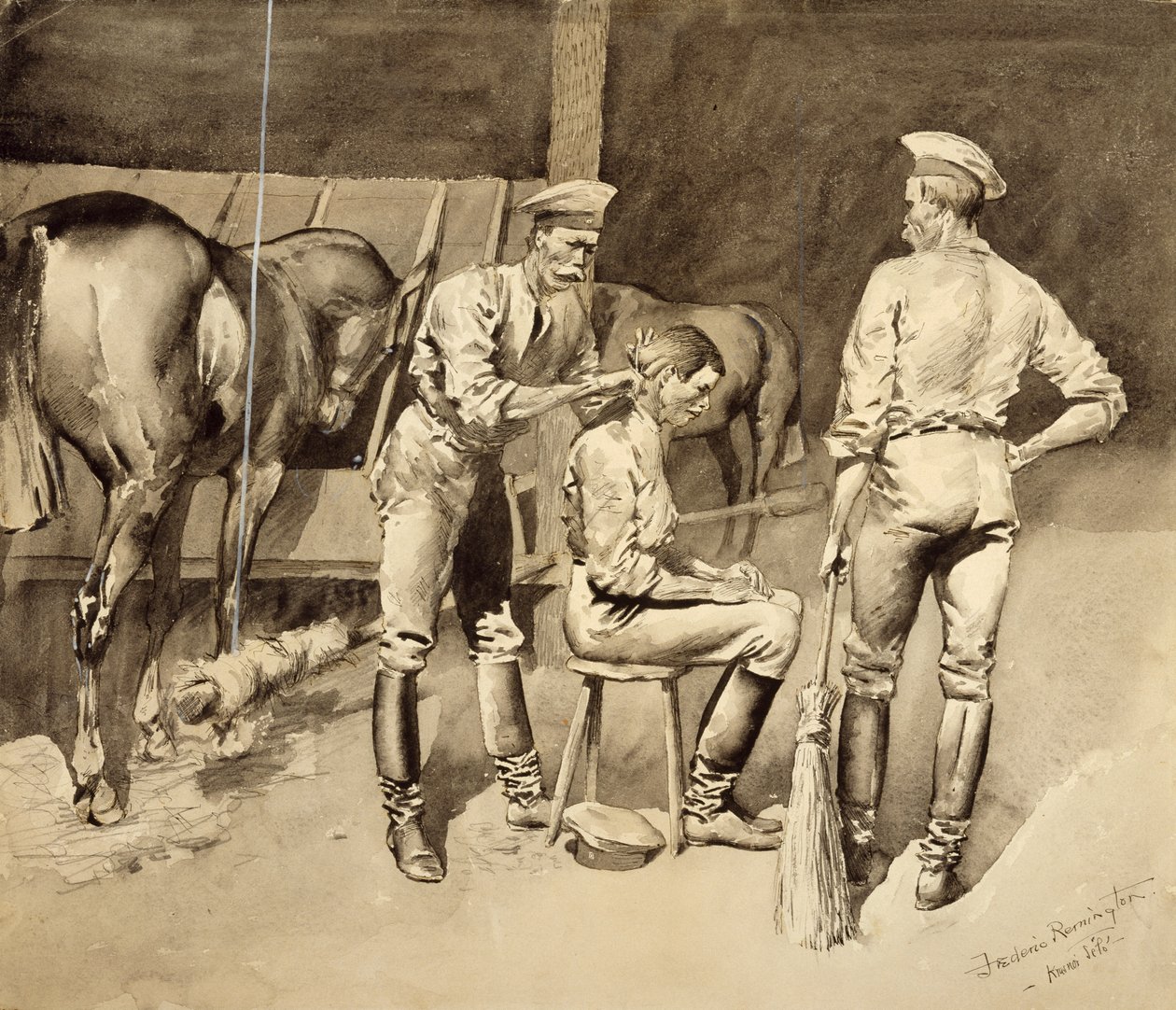 Süvari Ahırında Saç Kesimi, c.1893 (kağıt üzerinde wc) by Frederic Remington