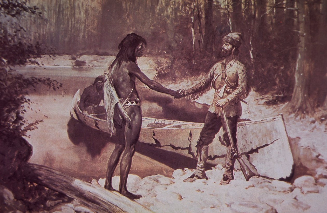 Fransız-Kanadalı kürk avcısı, 19. yüzyılın sonlarında Kızılderililerle iş yapıyor (renkli taş) by Frederic Remington