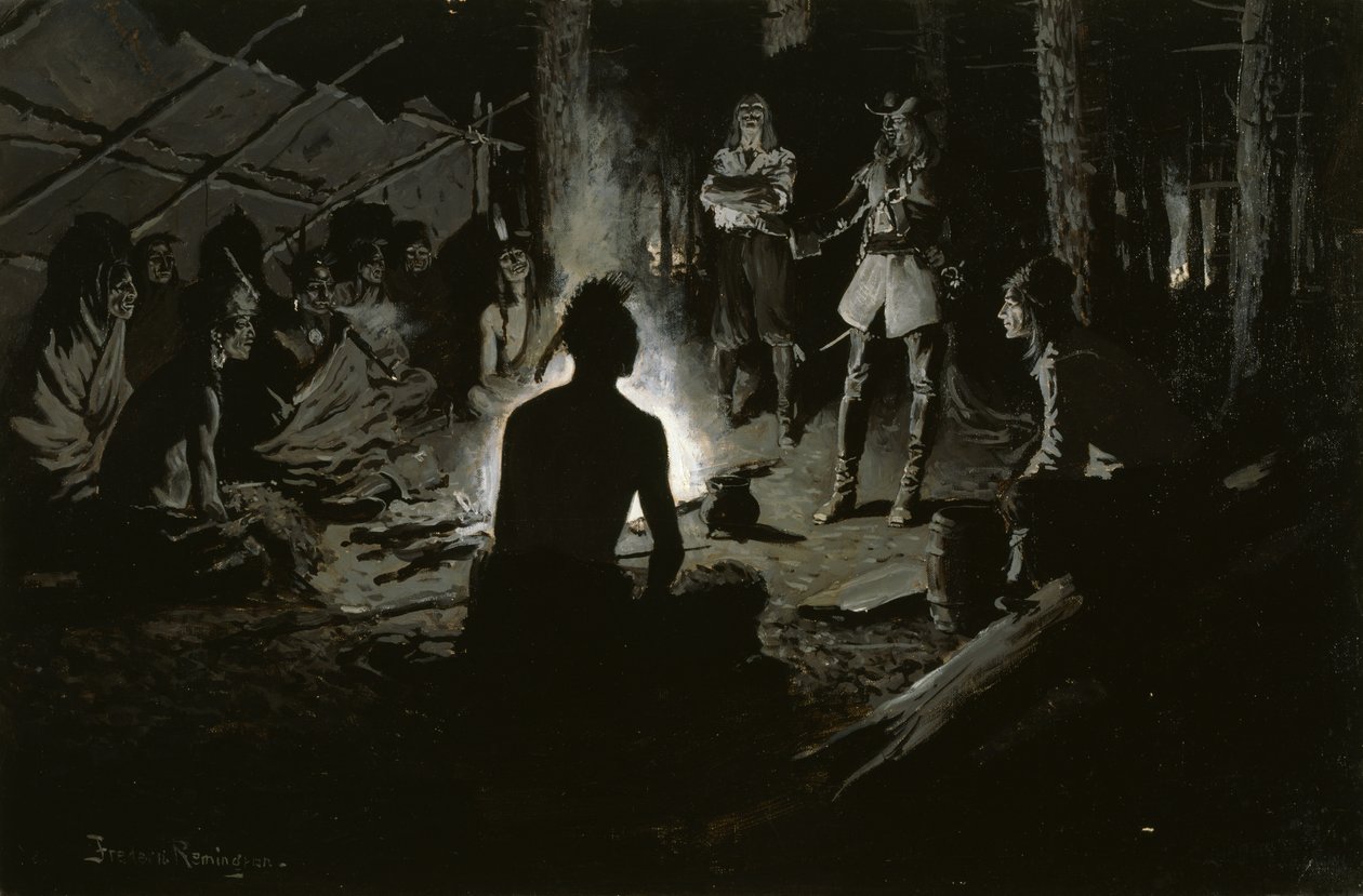 Kızılderililerle Fransız Kaşifler Konseyi (Iroquois Konseyi Ateşinde) c.1901 by Frederic Remington