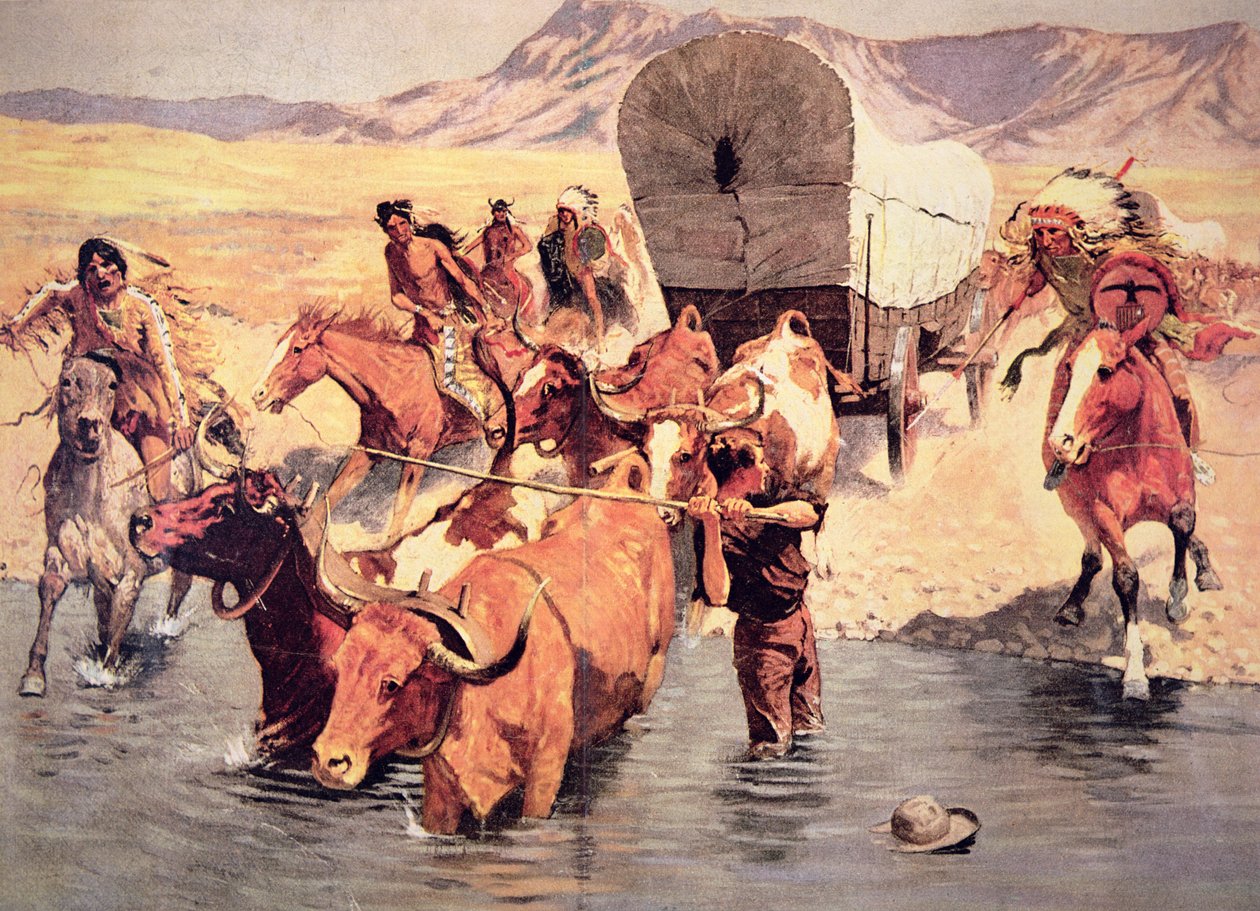 Hintliler öncü bir vagon trenine saldırıyor (tuval üzerine yağlı boya) by Frederic Remington