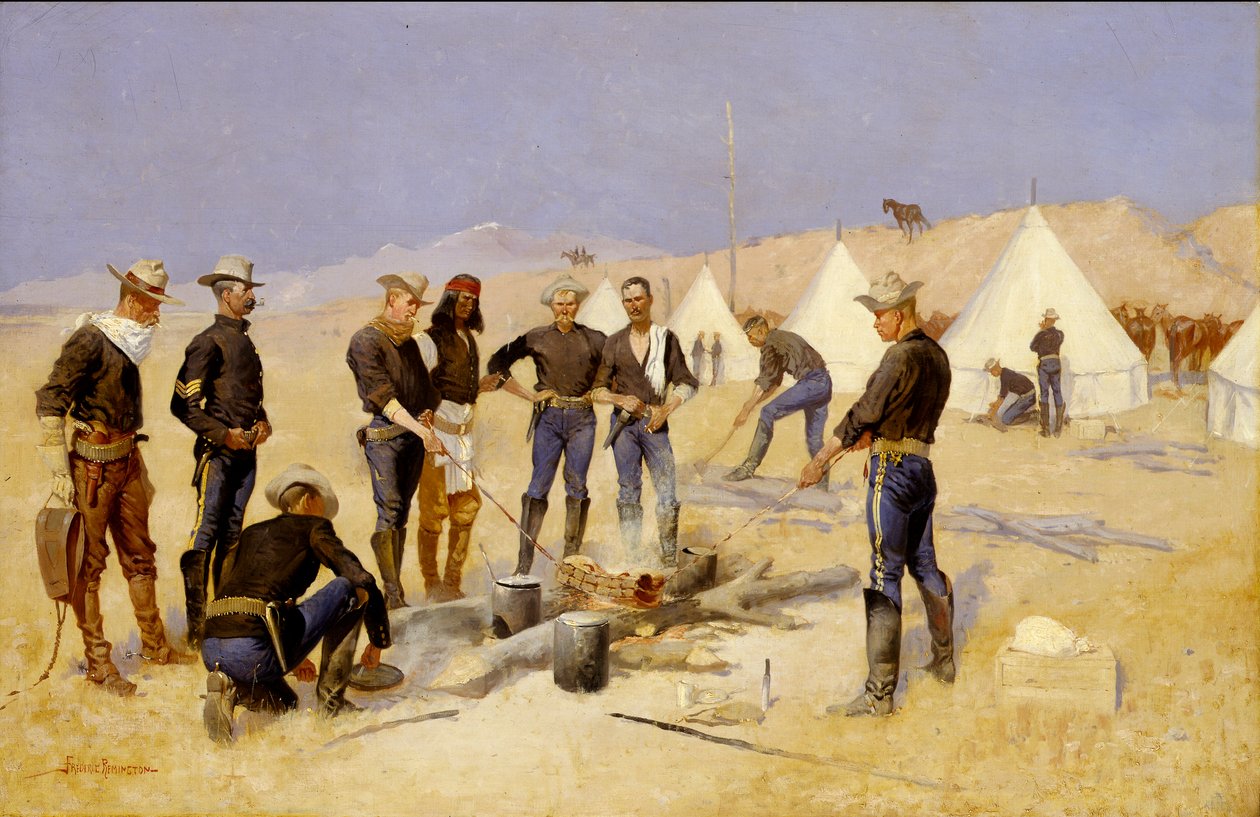 Bir Süvari Kampında Noel Sığırını Kavurmak by Frederic Remington