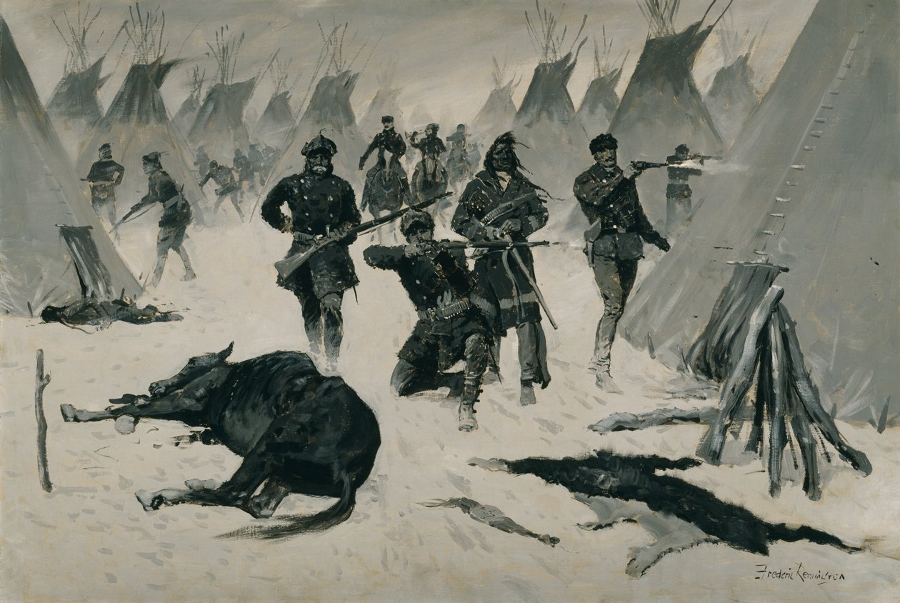 Çılgın Atın Yenilgisi (Albay Miles tarafından Çılgın Atın Yenilgisi, Ocak 1877, Bir Kızılderili Köyüne Kış Saldırısı) c.1901, muhtemelen c.1896 by Frederic Remington