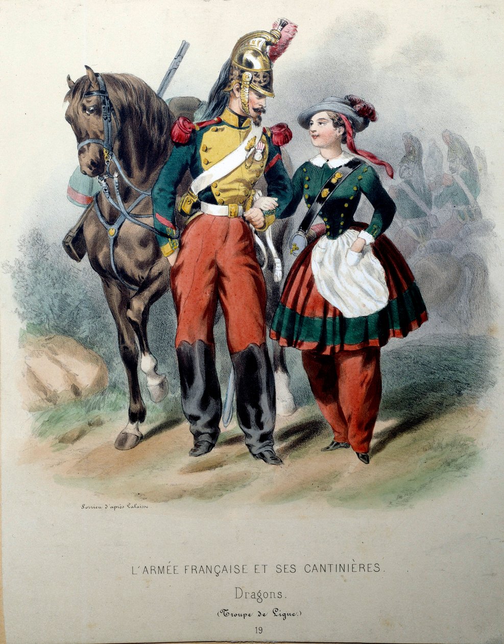 Fransız Armee ve Cantinieres: Bir Ejderha ve Bir Cantiniere Litografisi, Frederic Sorrieu (1807-?) 19. yüzyıl Paris, Dekoratif Sanatlar by Frederic Sorrieu