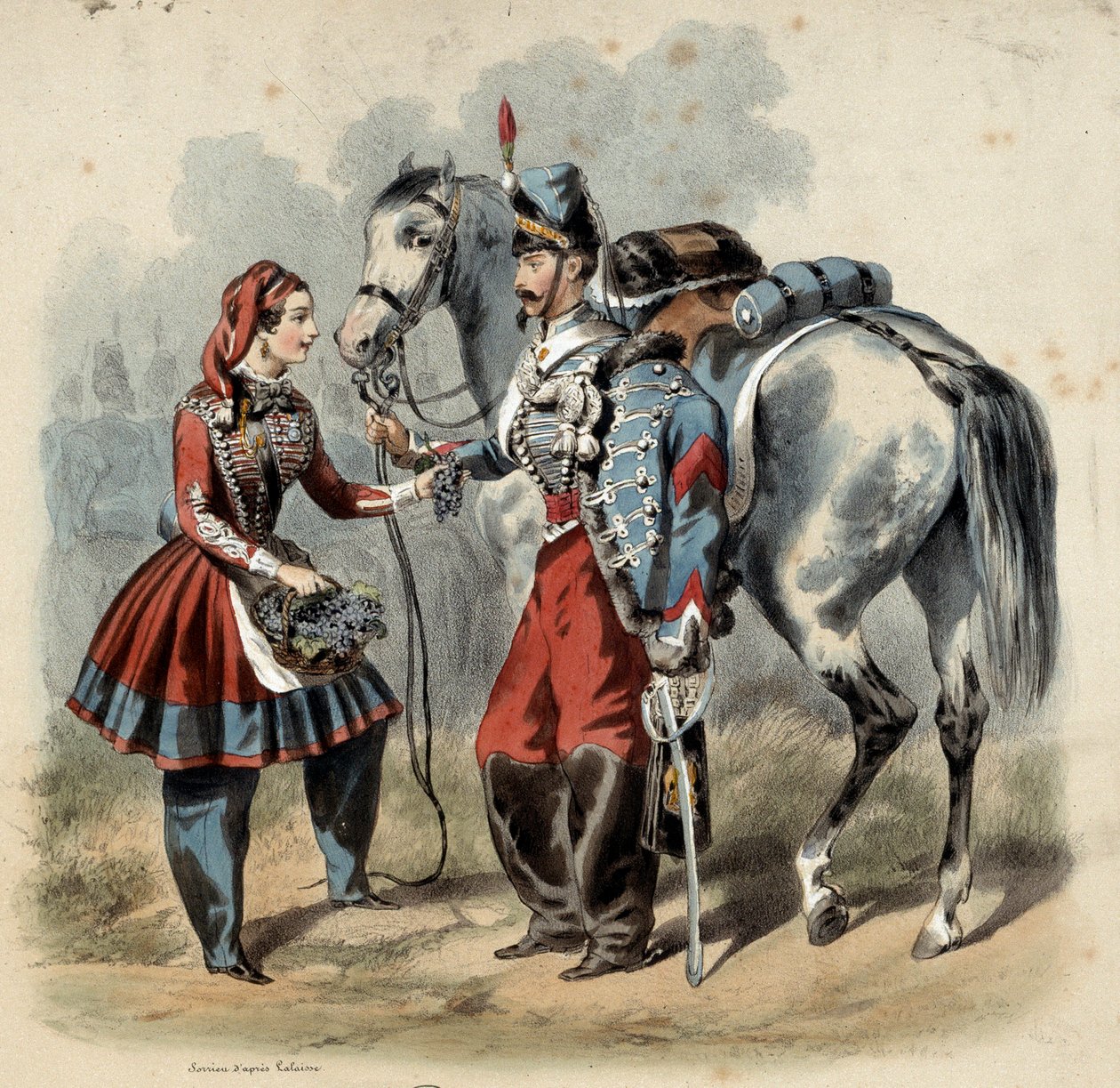 Fransız ordusu ve kantinleri: Hussard ve cantiniere de troupe de line. Gravür Frederic Sorrieu (1807 -? ) by Frederic Sorrieu