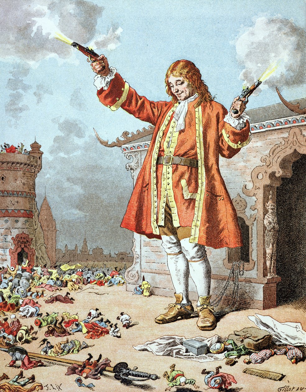Jonathan Swift'in (1667-1745) 'Gulliver'in Seyahatleri'nden bir örnek, 'Hepsi yıldırım çarpmış gibi geriye düştü' by Frederic Theodore Lix