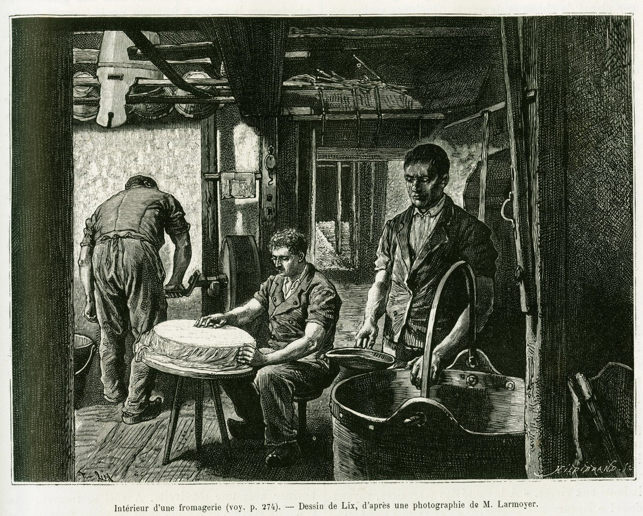 Bir peynir fabrikasının içinde. A Through Alsace ve Lorraine hikayesini göstermek için Lix tarafından gravür, Charles Grad tarafından, 1885 yılında, tur du monde 1887