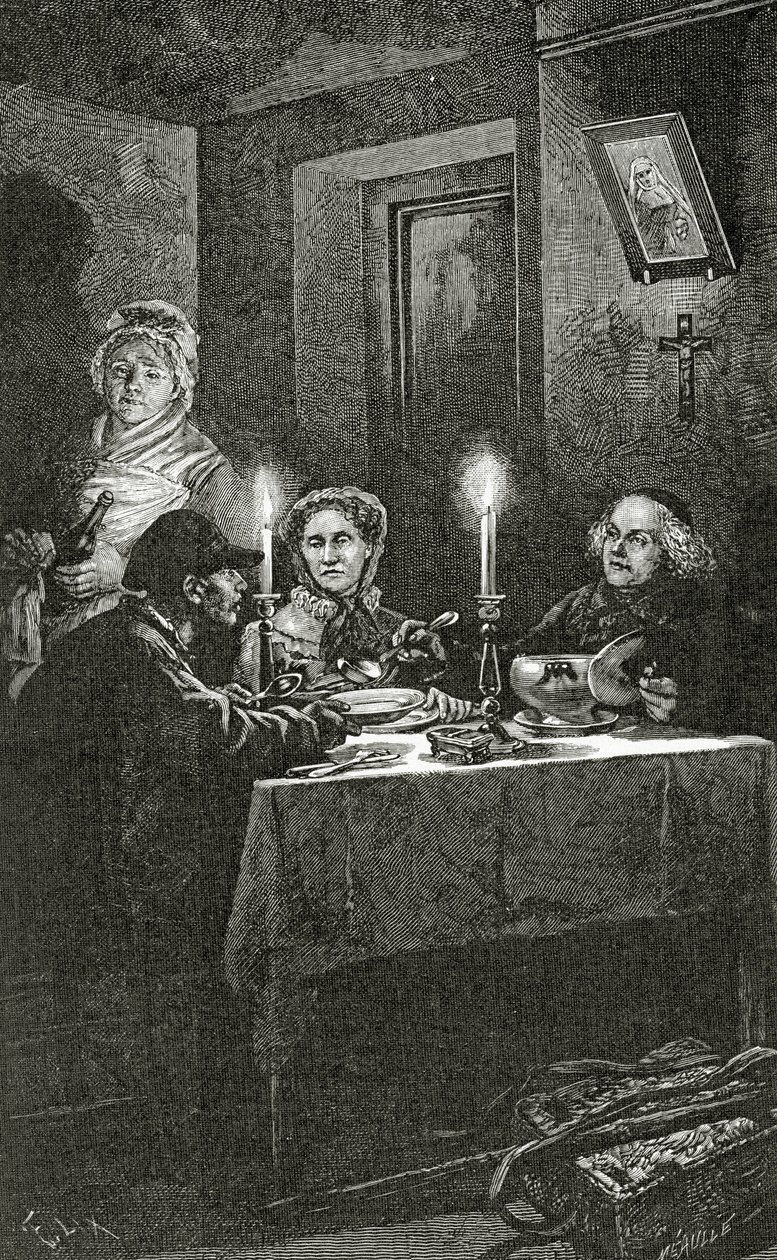 Jean Valjean, Piskopos Myriel tarafından karşılanır ve bakılır, 19. Yüzyıl (bw gravürü) by Frederic Theodore Lix