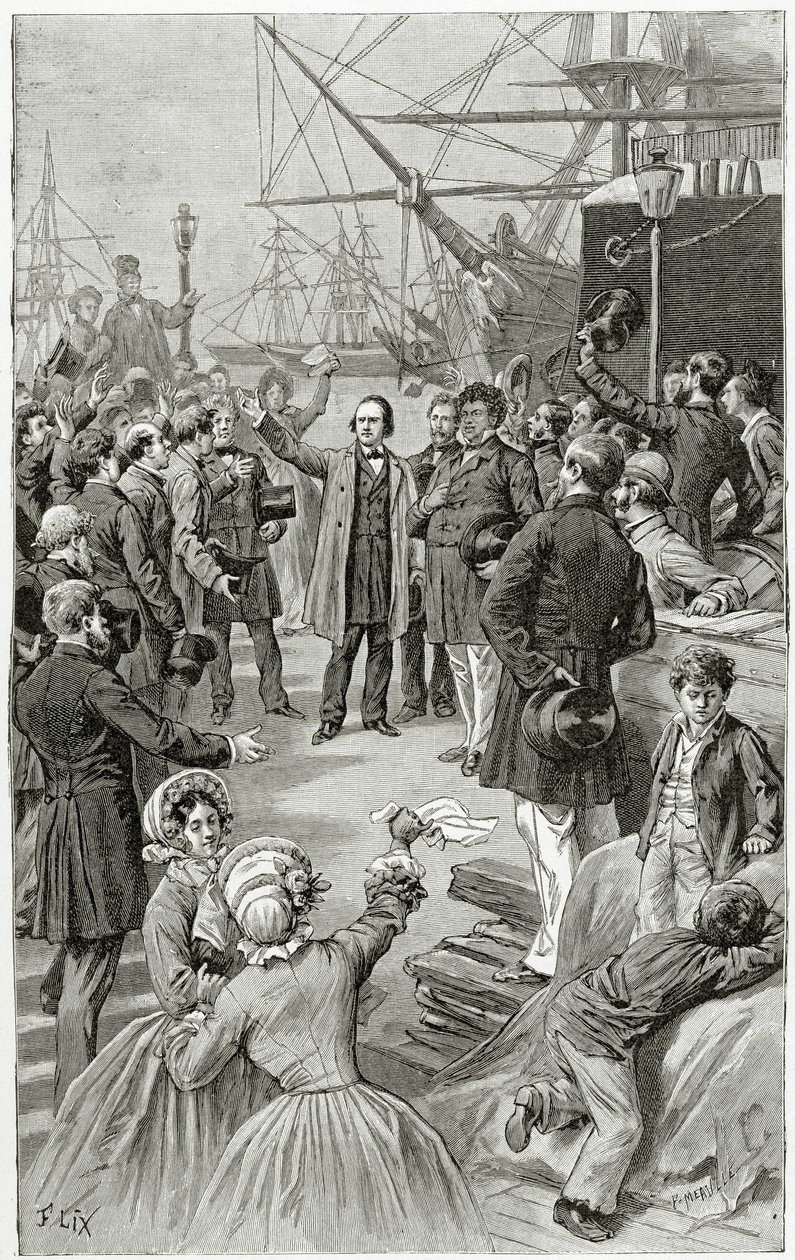 Victor Hugo, 1 Ağustos 1852, 19. Yüzyılda sürgündeyken yaptığı bir konuşmada evrensel bir cumhuriyeti selamlıyor (bw gravür) by Frederic Theodore Lix