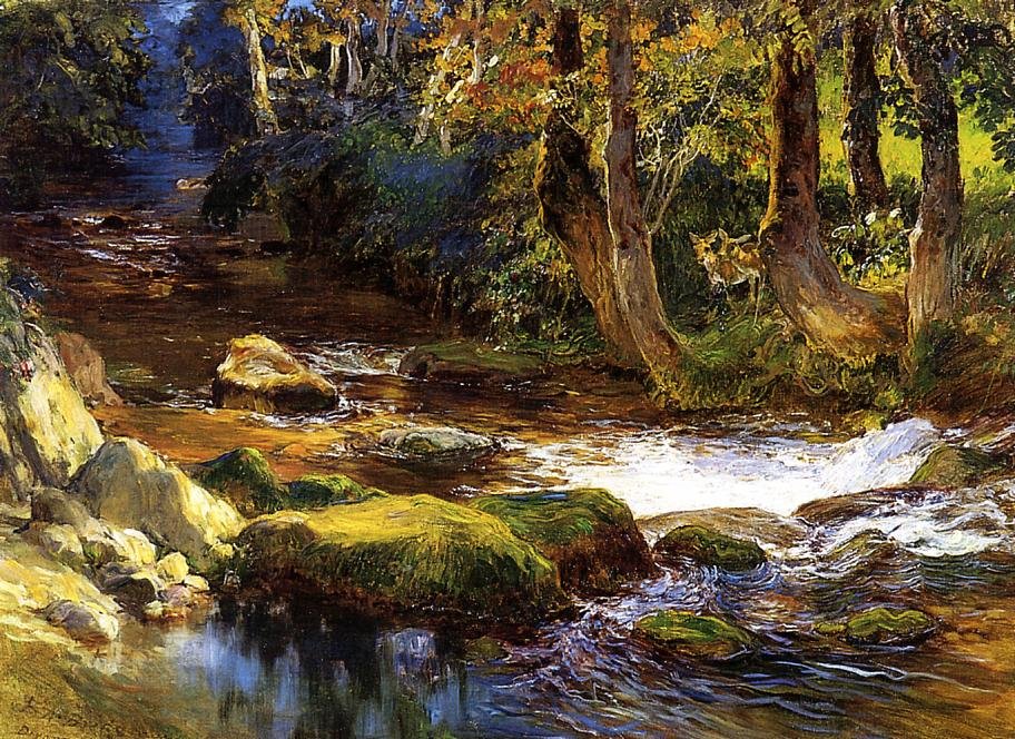 Geyik ile nehir manzarası by Frederick Arthur Bridgman