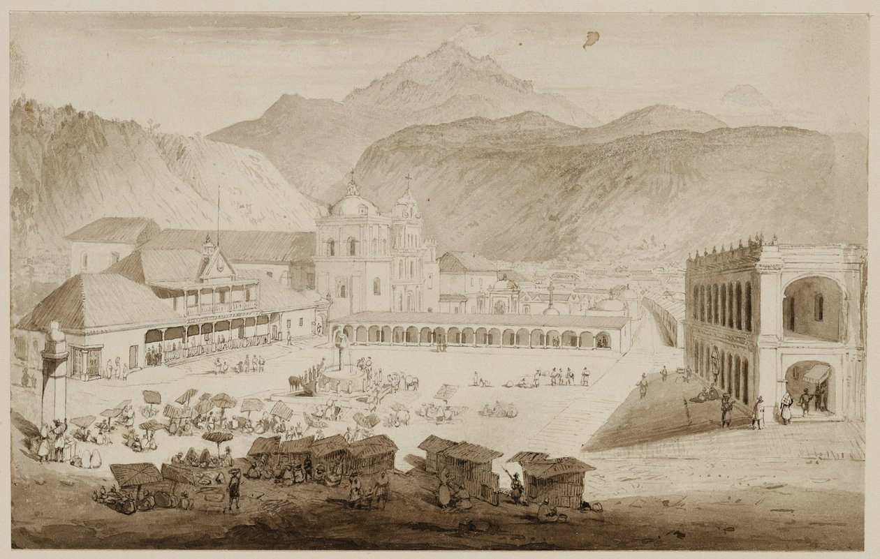 Quezaltenango Şehri, Orta Amerika, 1840 (kremalı kağıt üzerinde yıkamalı kalem ve mürekkep) by Frederick Catherwood