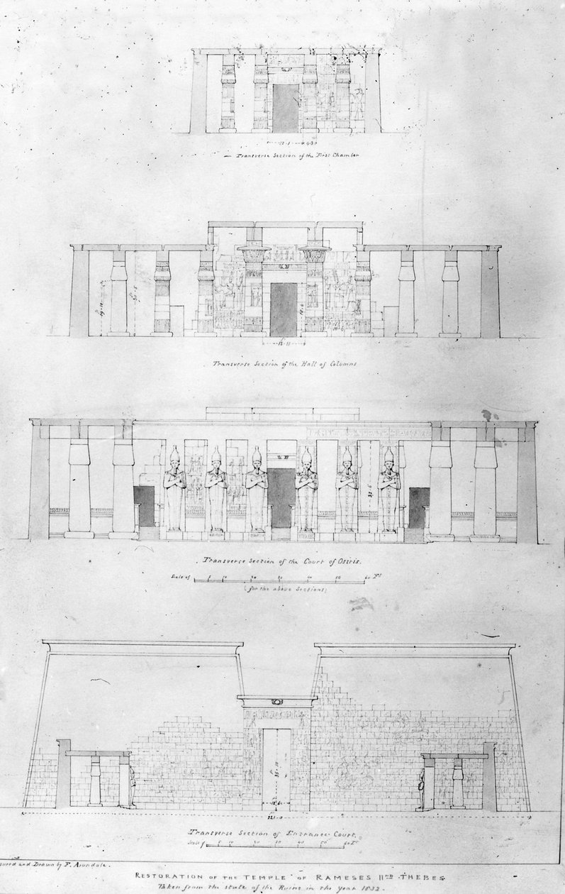 F. Avondale tarafından çizilen ve ölçülen Thebes'teki II. Ramases Tapınağı'nın restorasyonu by Frederick Catherwood
