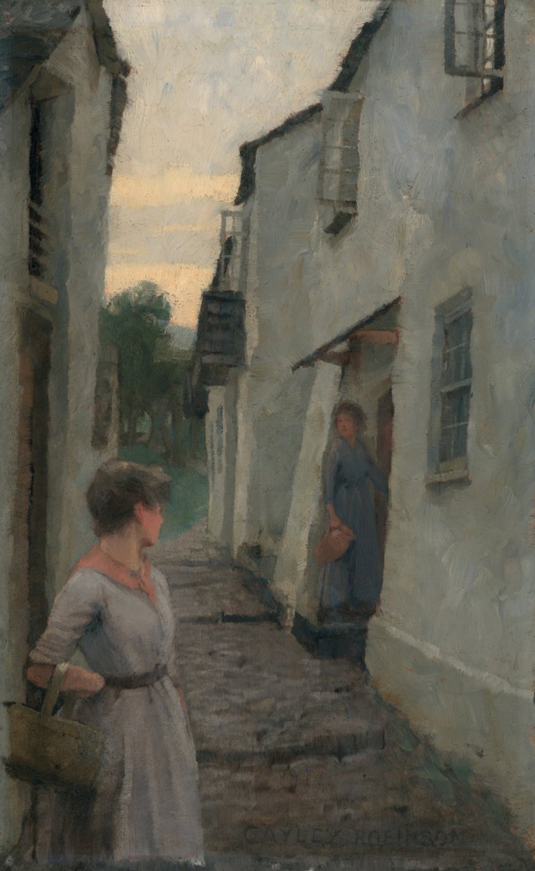 Figürlü Sokak Manzarası, Cornwall (gemide yağ) by Frederick Cayley Robinson