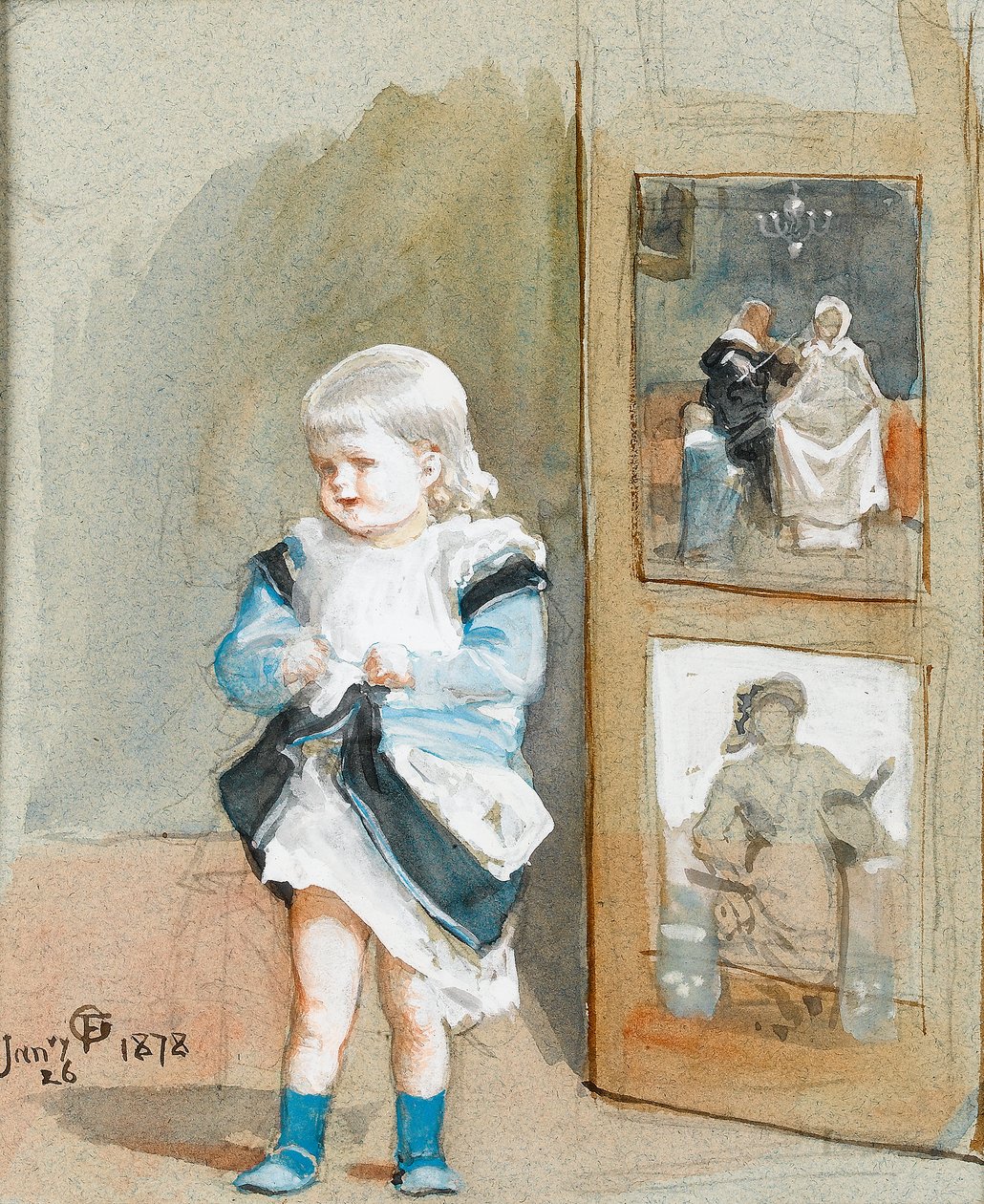 Frederica, ressamın kızı, boyalı bir ekranın yanında duruyor, 1878 (kağıt üzerinde wc) by Frederick Goodall