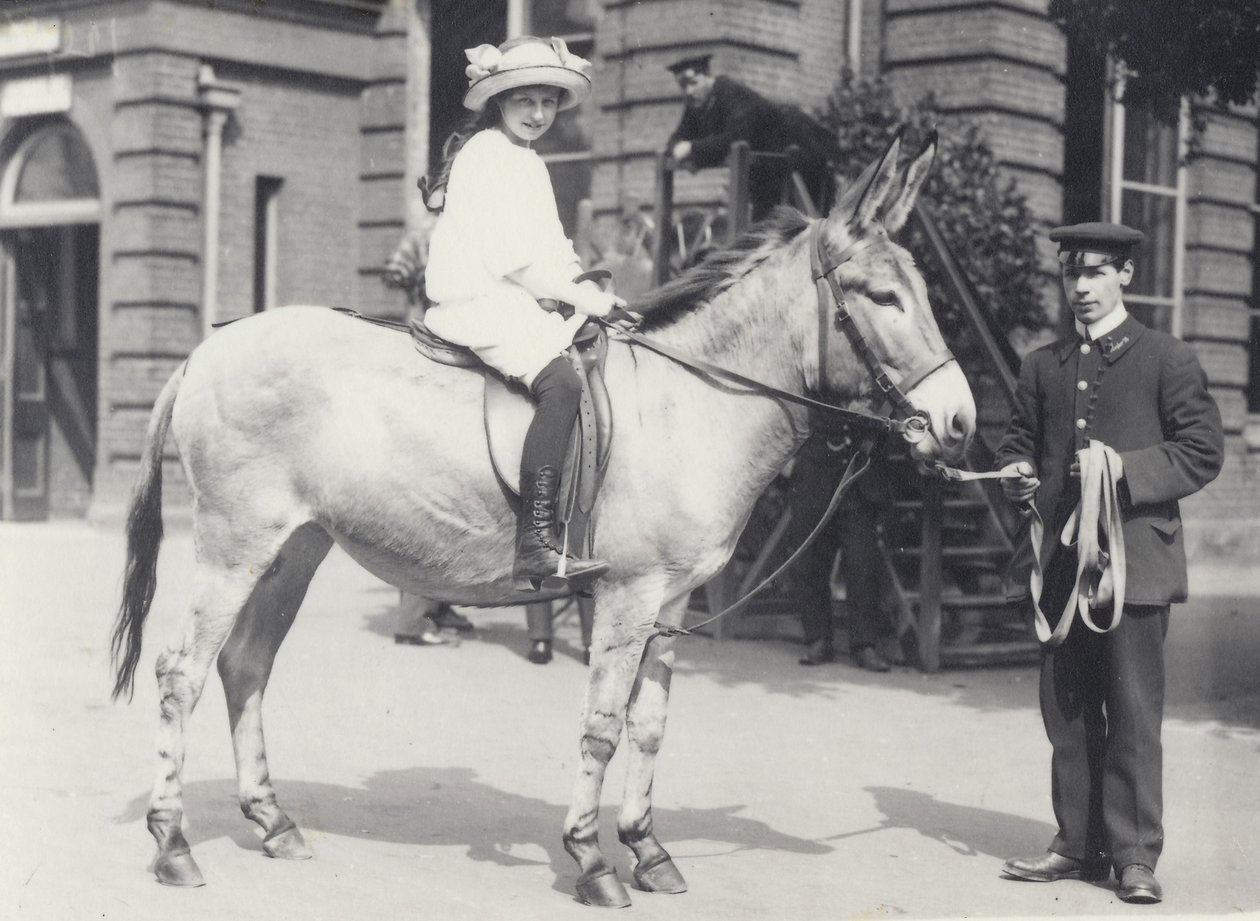 Bir bekçi tarafından yönetilen ve bir başkası bakan bir eşek süren genç bir bayan, Londra Hayvanat Bahçesi Mayıs 1914 by Frederick William Bond