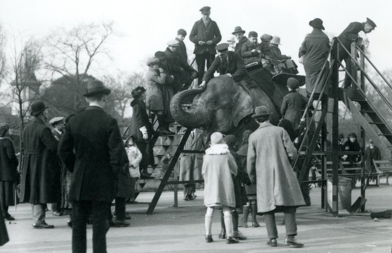 Kalabalıklar, fil gezintisine çıkan ziyaretçileri izliyor, bekçi Arthur Kilisesi gözetiminde, Nisan 1923 (bw fotoğraf) by Frederick William Bond