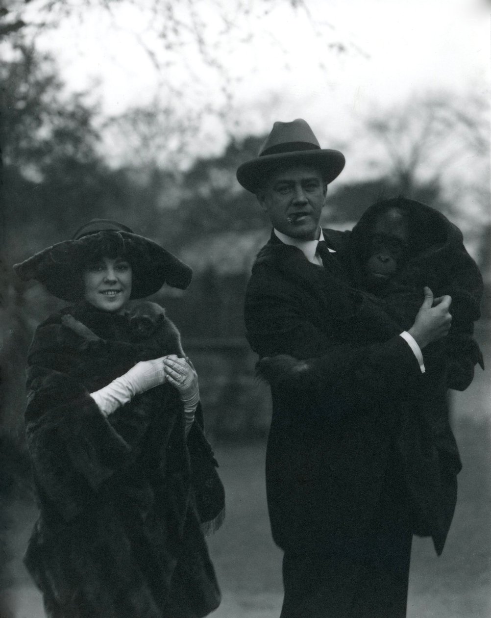 Osa ve Martin Johnson, bir orangutan ve jibonla, Londra Hayvanat Bahçesi, Ekim 1920 by Frederick William Bond