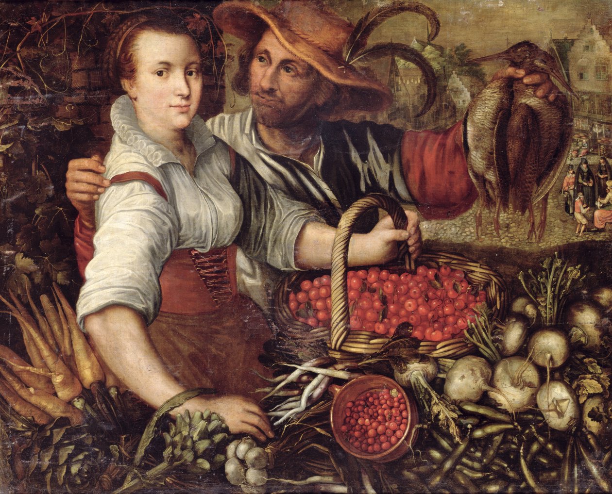 Meyve ve Sebze Satıcılarının Olduğu Bir Pazar Manzarası by Frederick van Valkenborch