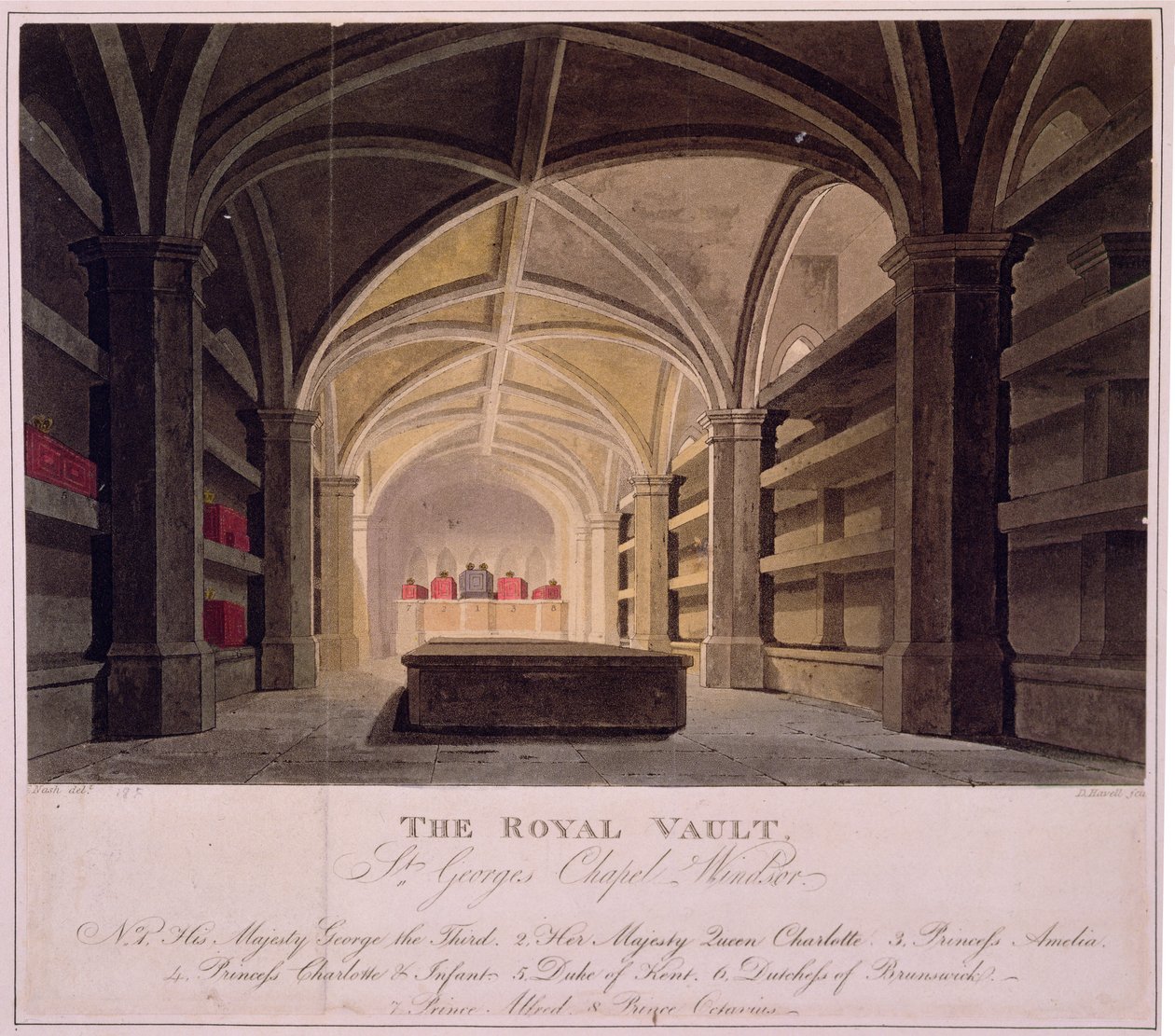 Royal Vault, St. George Şapeli, Windsor, Daniel Havell (1785-1826) tarafından oyulmuş (renkli taş) by Frederick (after) Nash
