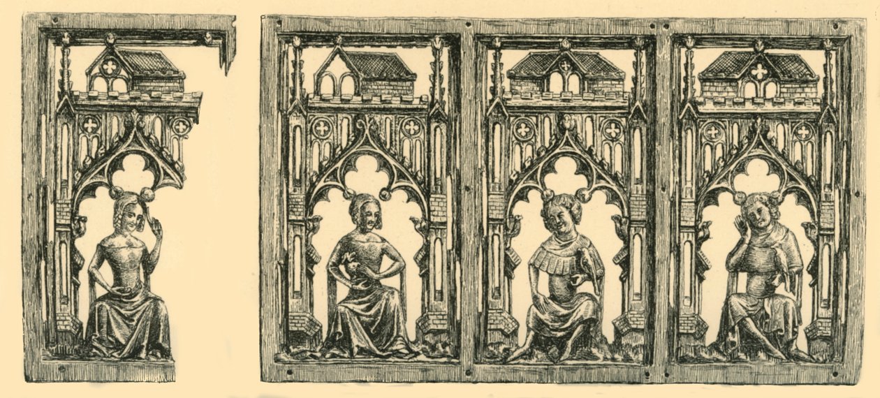 Gölgeliklerin Altında Oturan Şövalyeler ve Hanımlar, delikli fildişi panel, 14. yüzyılın ortaları, 1881. by Frederick Albert Slocombe