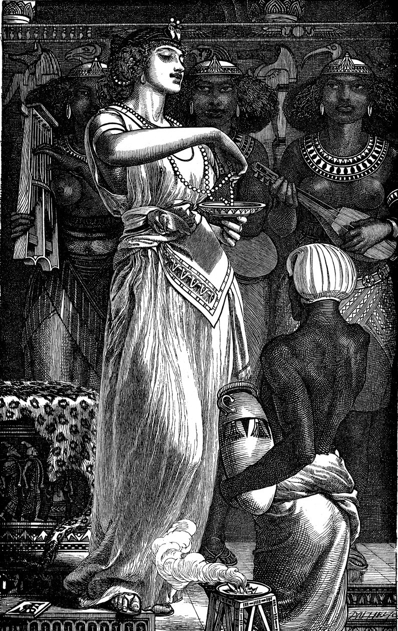 Kleopatra VII MÖ 69-30, Mısır Kraliçesi, incileri şarapta eritirken, 1866 by Frederick Augustus Sandys