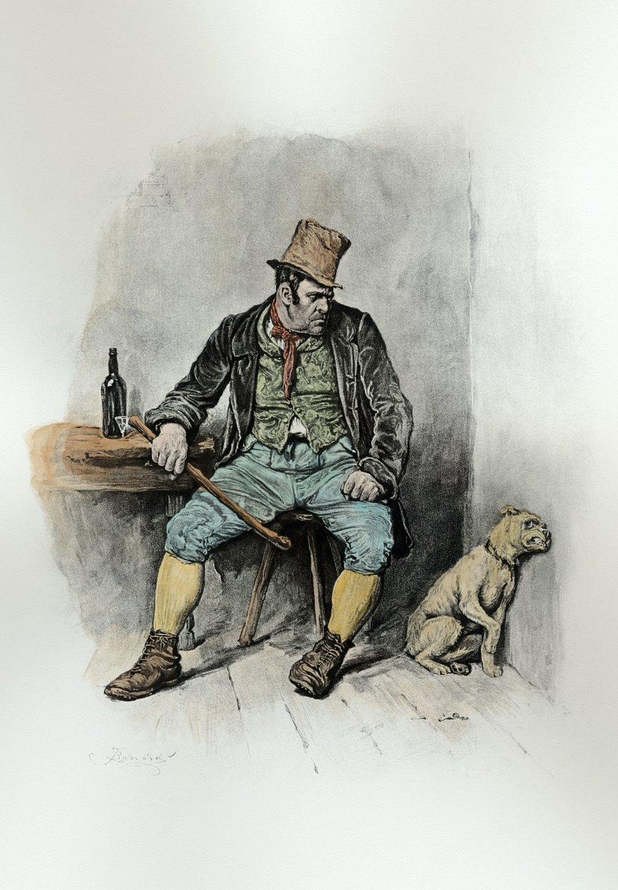 Thomas Archer tarafından yayınlanan 'Charles Dickens: A Gossip about his Life'dan Bill Sykes ve köpeği, 1894 dolaylarında (lito) (daha sonra renklendirme) yayınlandı by Frederick Barnard