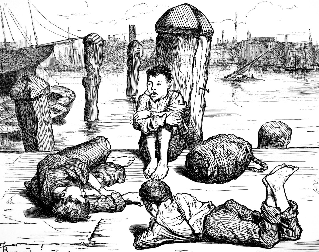 Yoksul Londra çocukları sigara içerek vakit geçiriyor by Frederick Barnard