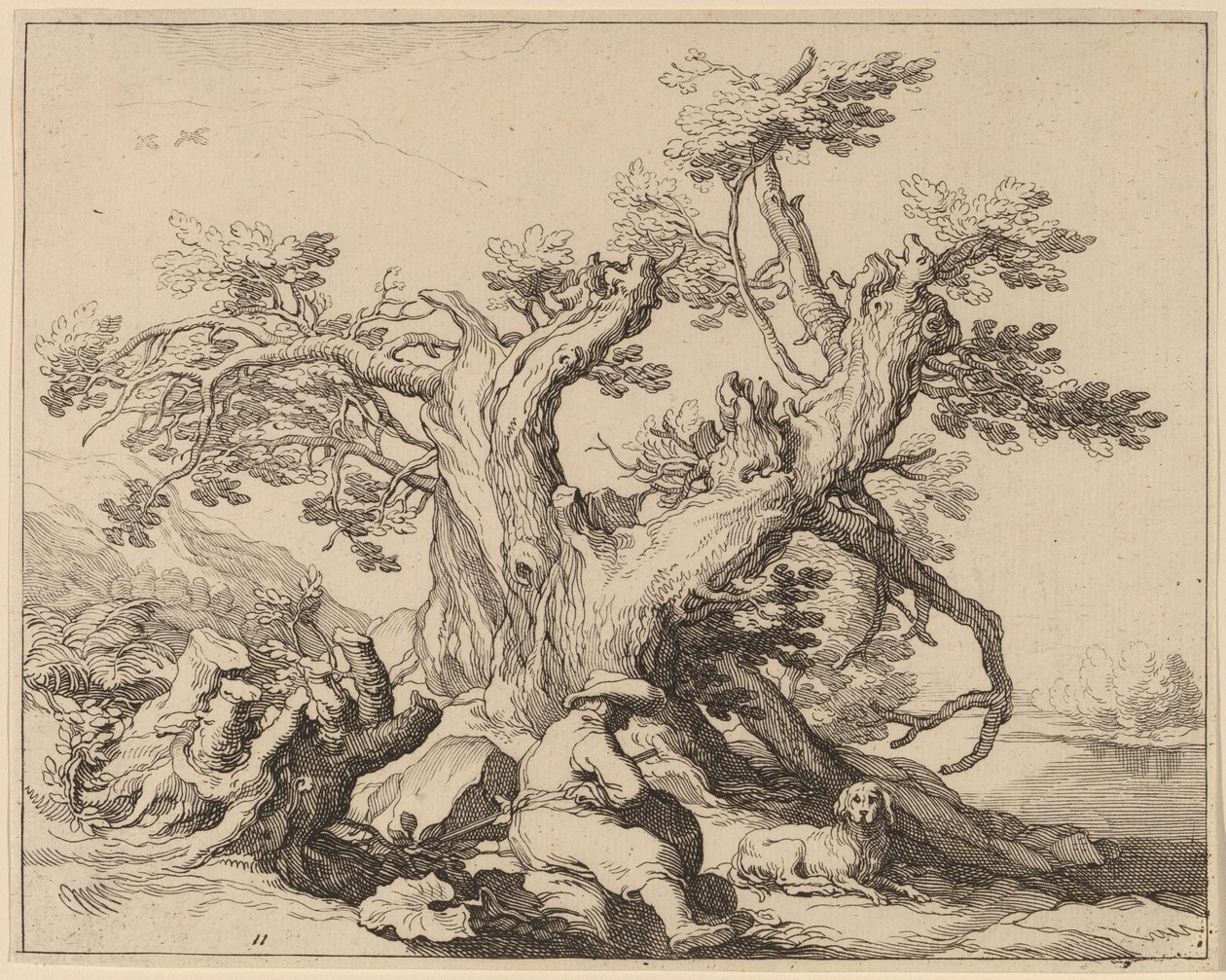 Büyük Bir Ağacın Yanında Dinlenen Bir Adam ve Köpeği by Frederick Bloemaert after Abraham Bloemaert