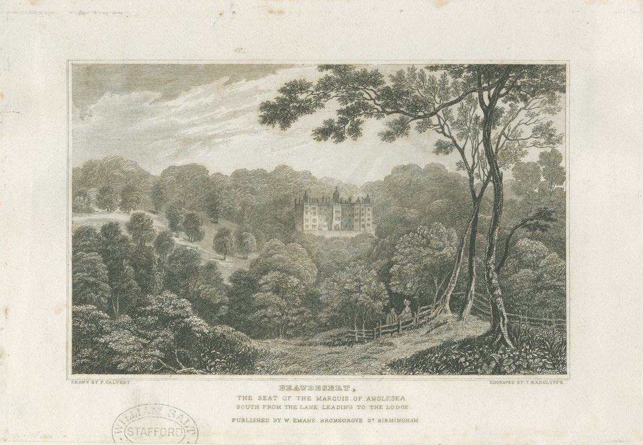 Beaudesert Hall ve Park: gravür, nd [c 1830] by Frederick Calvert