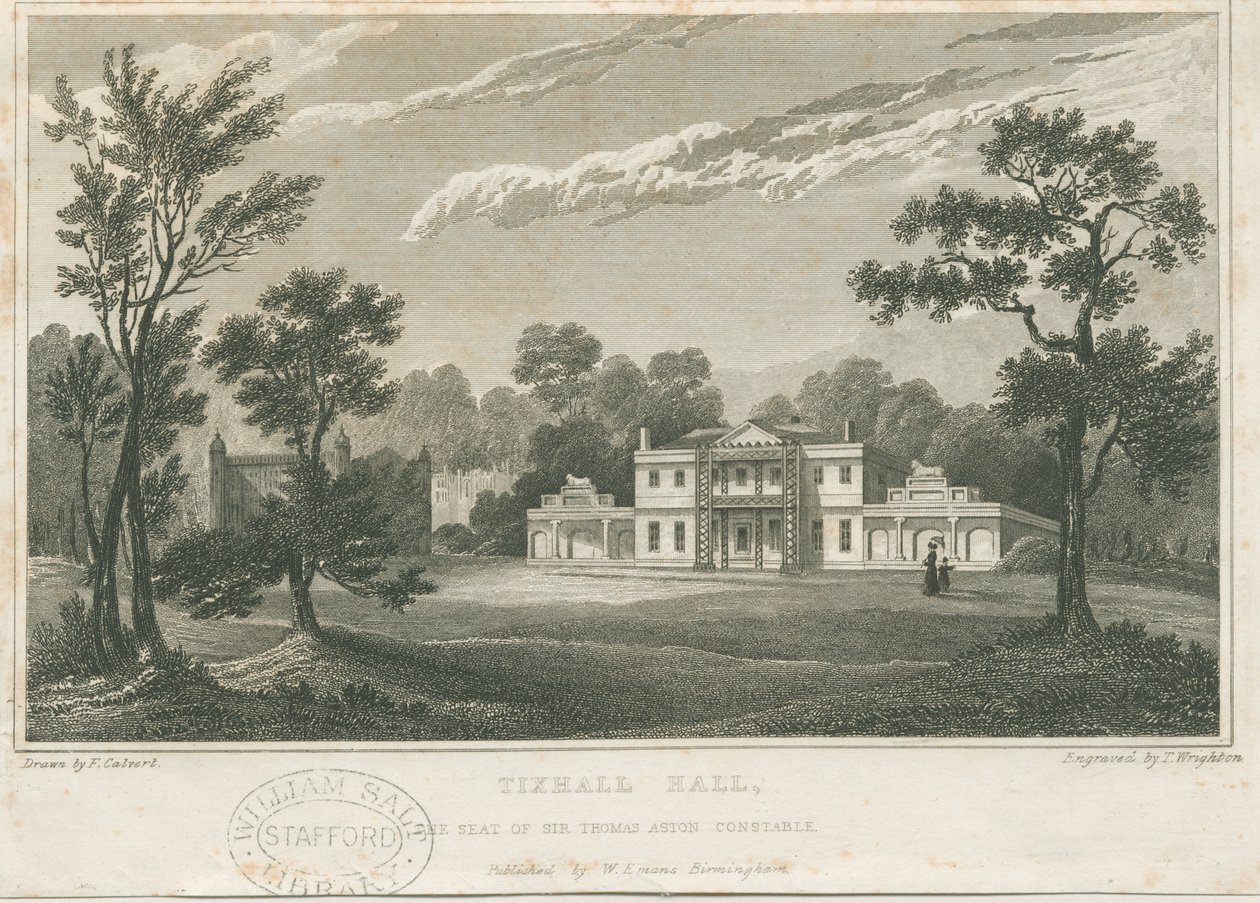 Tixall Hall: gravür, nd [c 1830] (baskı) by Frederick Calvert