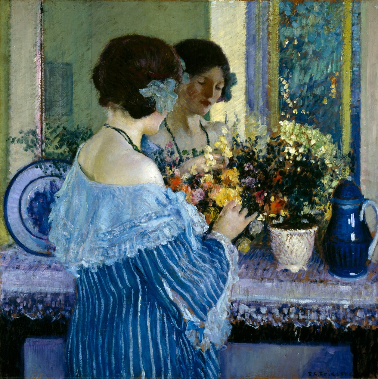 Mavili Kız Çiçek Düzenleme by Frederick Carl Frieseke