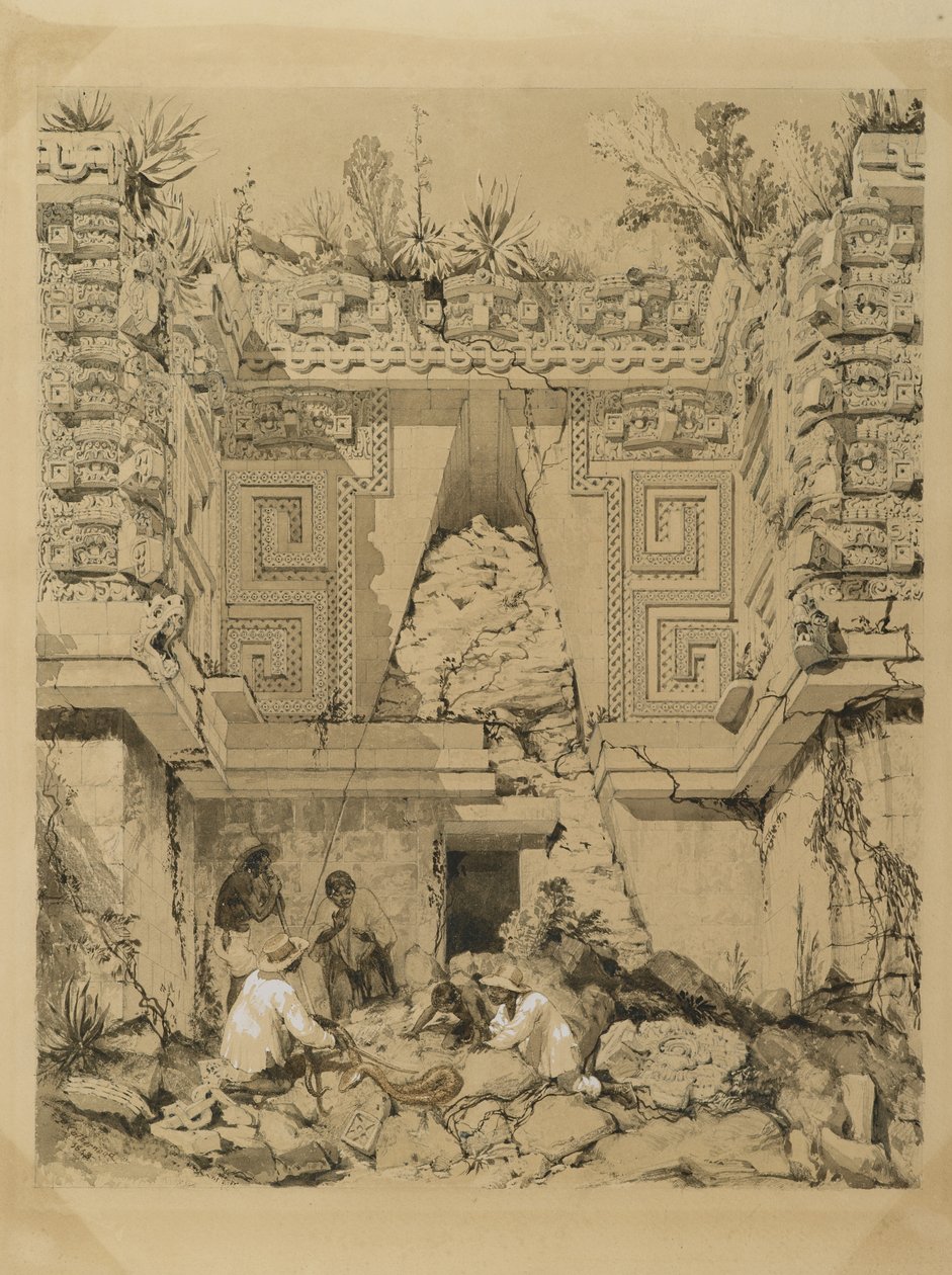 Archway, Casa del Gobernador, Uxmel, Yucatan, 1843 (sepya mürekkebi ve dokuma kağıt üzerinde yıkama) by Frederick Catherwood