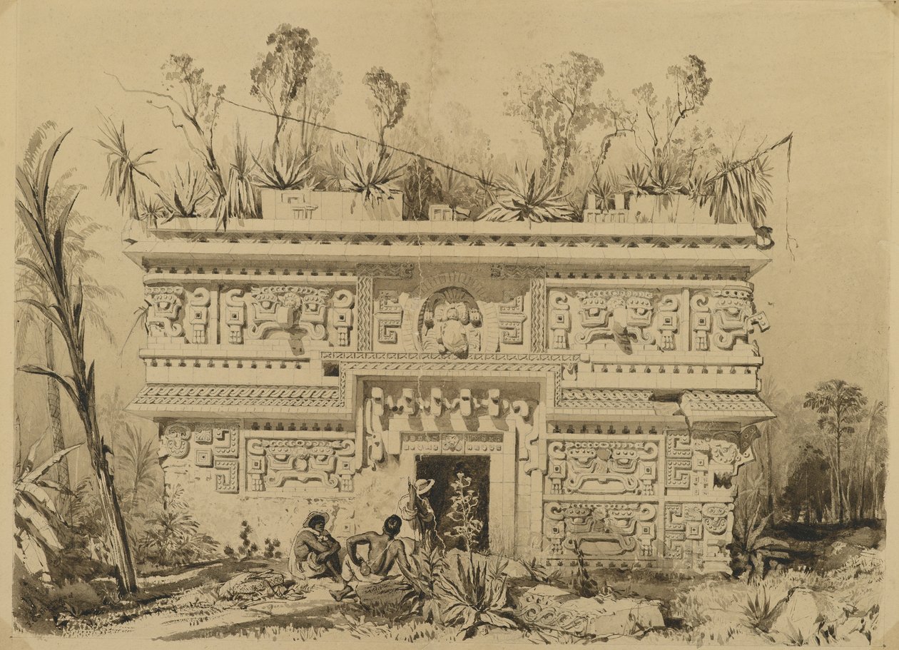 Las Monjas, Chichen Itza, Yucatan, 1843 (dokuma kağıt üzerinde sepya mürekkebi ve yıkama) by Frederick Catherwood