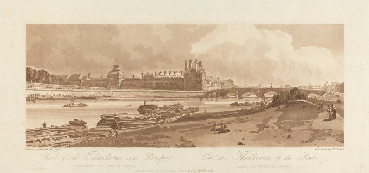 Emanuel Cilt: Paris'teki Görüntülerden 1. Levha; Quai d'Orsay'dan alınan Thuilleries ve Köprü görünümü by Frederick Christian Lewis the Elder