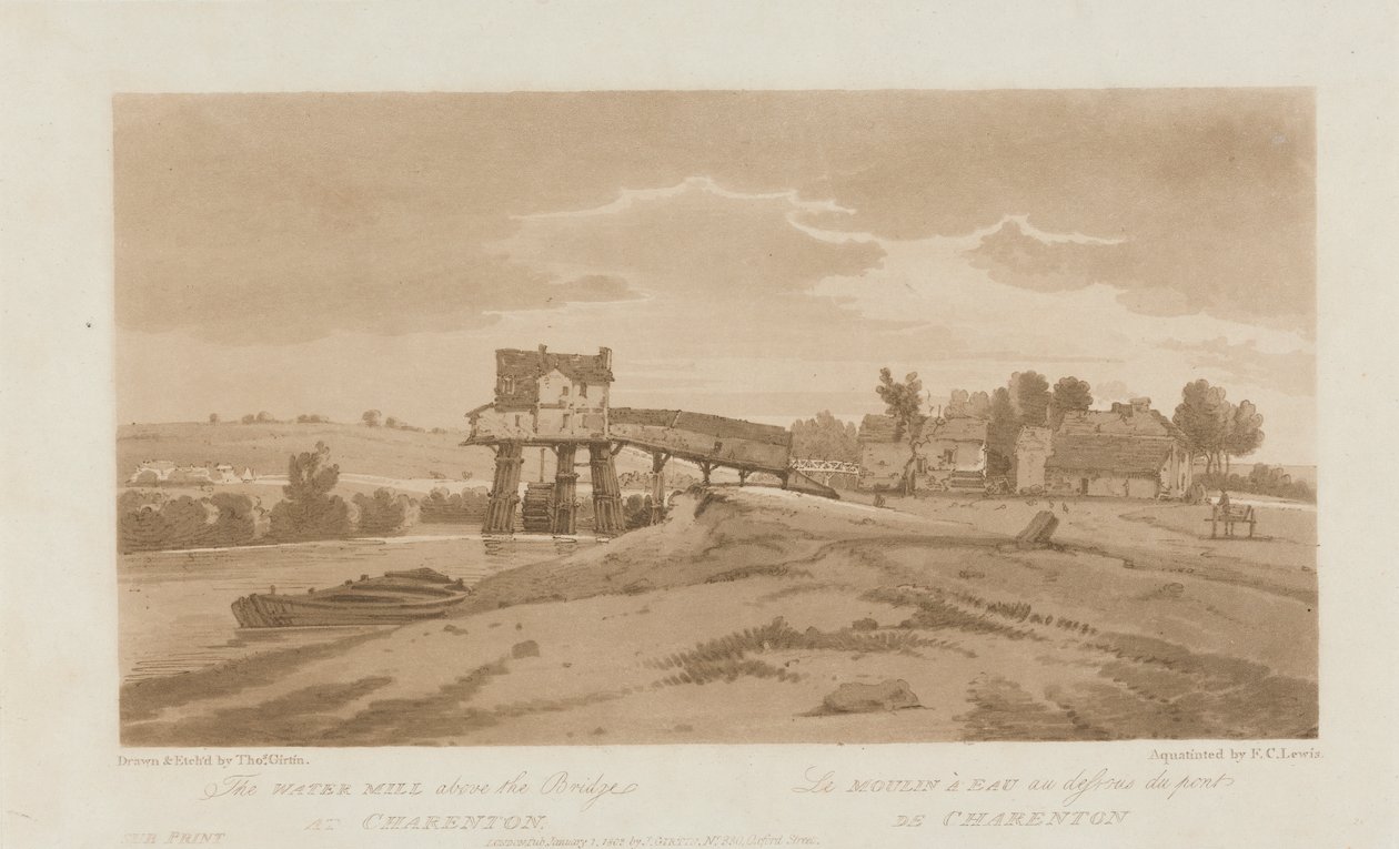 Charenton 1803'teki Köprünün üzerindeki Su Değirmeni; Views in Paris'ten 20. Levha, B181.25.2629 levhasının Emanuel Volume takibi by Frederick Christian Lewis the Elder