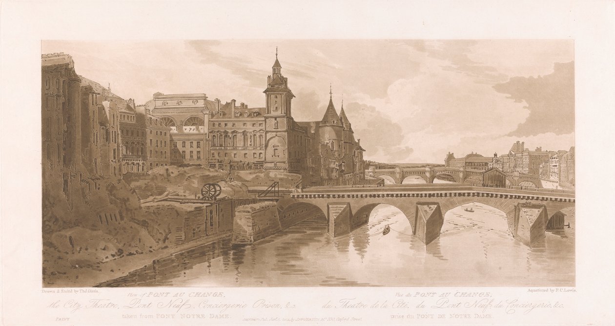 Pont au Change, Theatre de la Cite, Pont Neuf ve Conciergerie Hapishanesi'nin görünümü by Frederick Christian Lewis the Elder