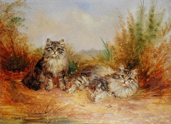 Kırsal Bir Peyzajda İki Tekir Kedi (gemide yağ) by Frederick French