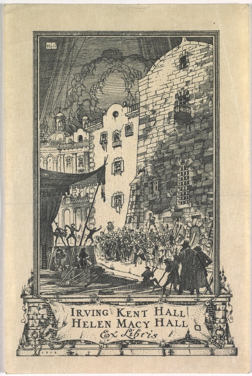 Bookplate: Irving Kent Hall ve Mary Kent Hall, Ex Libris yazılı by Frederick Garrison Hall