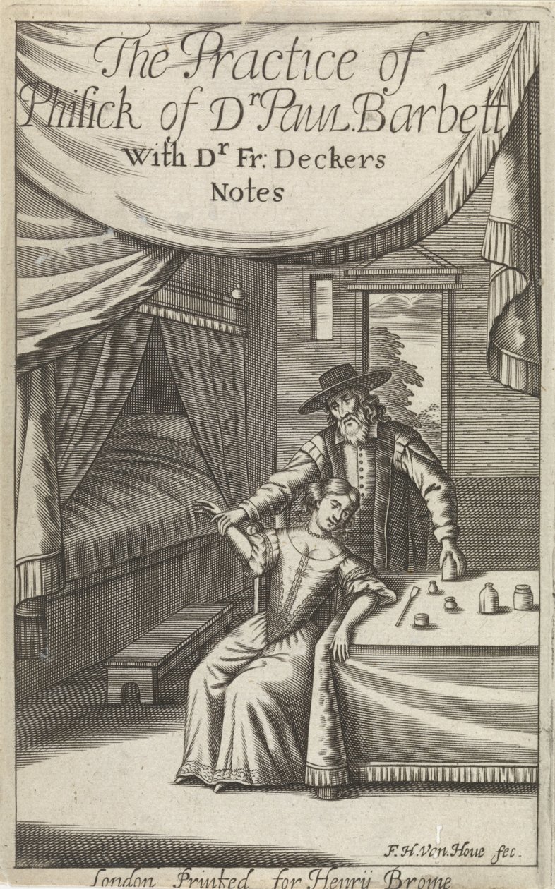 Bir iç genç kadınla doktor Başlık sayfası: Dekkers, F., The Practice of Phisick of Dr. Paul Barbett by Frederick Hendrick van den Hove
