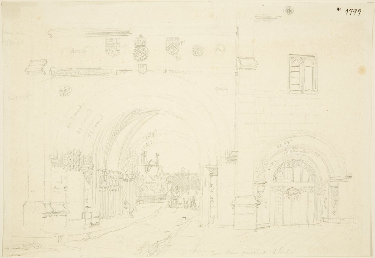 Abbey Gatehouse of Bristol Katedrali, Güneye Bakmak (kağıt üzerine kurşun kalem) by Frederick Mackenzie