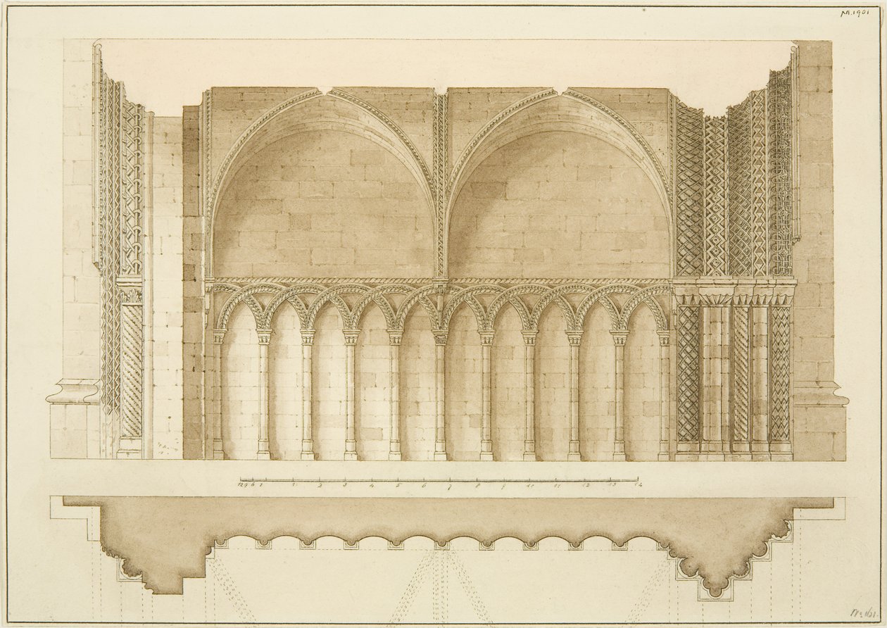 College Gateway, kesit ve plan (kağıt üzerine kalem ve sulu boya) by Frederick Mackenzie
