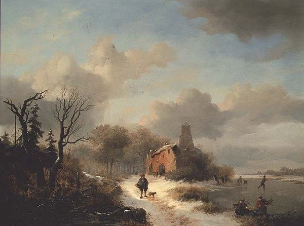 Köylü ve buz üzerinde rakamlar ile kış manzarası by Frederick Marianus Kruseman