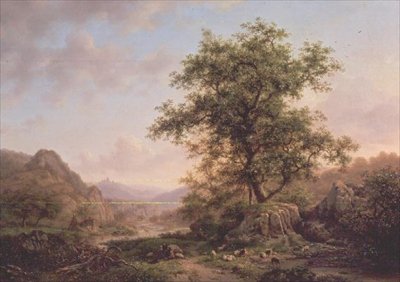 Yolda köylüler ve hayvanlarla ormanlık manzara by Frederick Marianus Kruseman